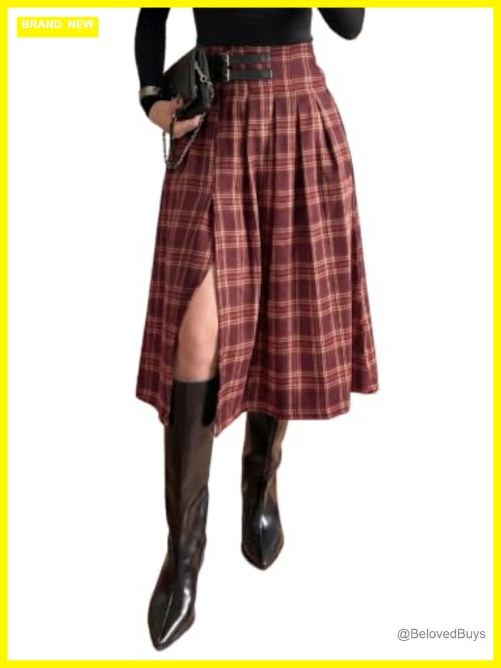 High Waist Side Slit Plaid Midi Skirt A-Line Pleated